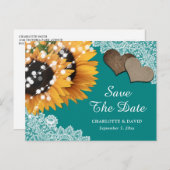 ティール(緑がかった色)素朴ひまわりレース結婚式の日付を保存 案内ポストカード (正面/裏面)