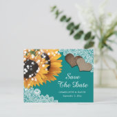 ティール(緑がかった色)素朴ひまわりレース結婚式の日付を保存 案内ポストカード (スタンド正面)