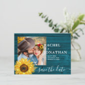 ティール(緑がかった色)素朴ひまわり写真結婚式 セーブザデート (スタンド正面)