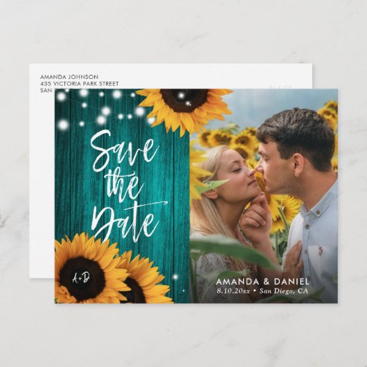 ティール（緑がかった色）素朴ひまわり日付写真はがきを保存 案内ポストカード (正面/裏面)