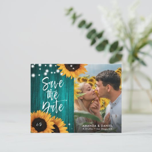 ティール（緑がかった色）素朴ひまわり日付写真はがきを保存 案内ポストカード (スタンド正面)
