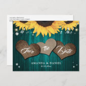 ティール(緑がかった色)素朴ひまわり結婚式の日付を保存 案内ポストカード (正面/裏面)