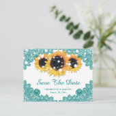 ティール（緑がかった色）素朴ひまわり結婚式の日付を保存 案内ポストカード (スタンド正面)