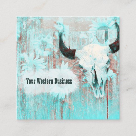 ティール(緑がかった色)素朴ウエスタンブルスカルひまわり花オンウッド スクエア名刺 (正面)