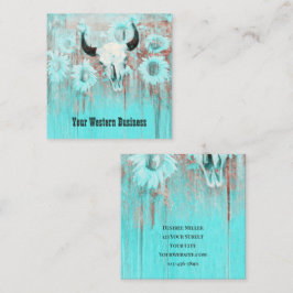 ティール（緑がかった色）素朴ウエスタンブルスカルひまわり花オンウッド スクエア名刺