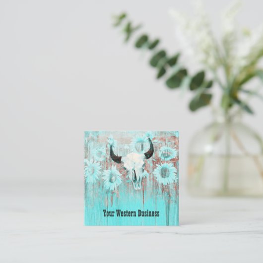 ティール(緑がかった色)素朴ウエスタンブルスカルひまわり花オンウッド スクエア名刺 (スタンド正面)