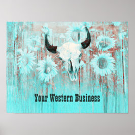 ティール（緑がかった色）素朴ウエスタンブルスカルひまわり花オンウッド ポスター