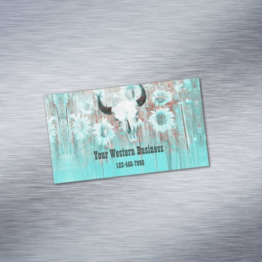 ティール（緑がかった色）素朴ウエスタンブルスカルひまわり花オンウッド マグネット名刺 (インサイチュ)