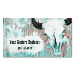 ティール（緑がかった色）素朴ウエスタンブルスカルひまわり花オンウッド マグネット名刺