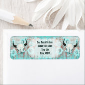 ティール（緑がかった色）素朴ウエスタンブルスカルひまわり花オンウッド ラベル (インサイチュ)