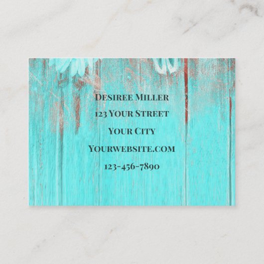 ティール(緑がかった色)素朴ウエスタンブルスカルひまわり花オンウッド 名刺 (裏面)