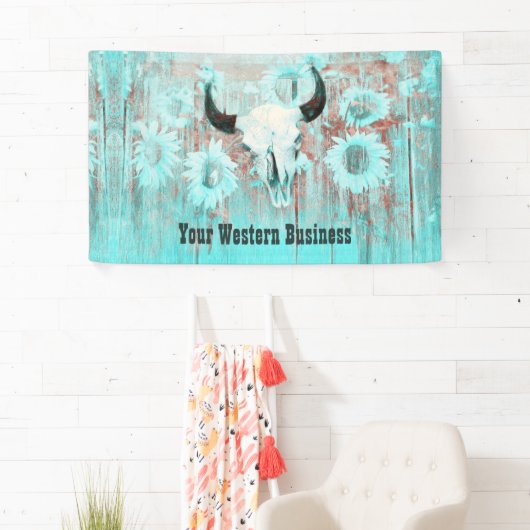 ティール（緑がかった色）素朴ウエスタンブルスカルひまわり花オンウッド 横断幕 (インサイチュ)