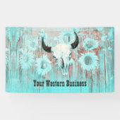 ティール(緑がかった色)素朴ウエスタンブルスカルひまわり花オンウッド 横断幕 (横)