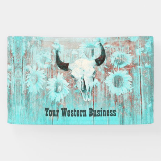 ティール（緑がかった色）素朴ウエスタンブルスカルひまわり花オンウッド 横断幕 (横)