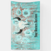 ティール(緑がかった色)素朴ウエスタンブルスカルひまわり花オンウッド 横断幕 (縦)