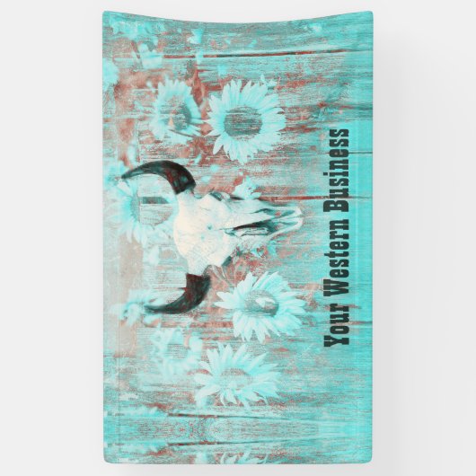 ティール（緑がかった色）素朴ウエスタンブルスカルひまわり花オンウッド 横断幕 (縦)