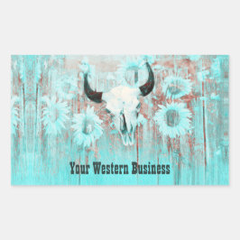 ティール（緑がかった色）素朴ウエスタンブルスカルひまわり花オンウッド 長方形シール