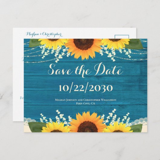 ティール（緑がかった色）素朴ウッドひまわりウェディング日付を保存 ポストカード (正面/裏面)