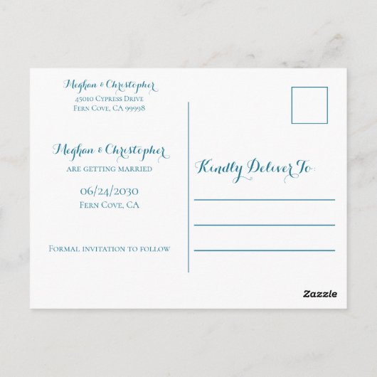 ティール（緑がかった色）素朴ウッドひまわりウェディング日付を保存 ポストカード (裏面)