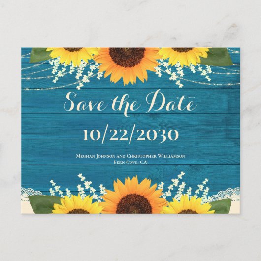 ティール（緑がかった色）素朴ウッドひまわりウェディング日付を保存 ポストカード (正面)