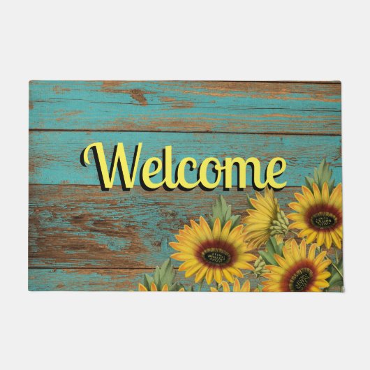 ティール（緑がかった色）素朴ウッドイエローサンフラワーウェルカム ドアマット (正面)
