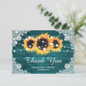 ティール(緑がかった色)素朴ウッドサンフラワー結婚ズ サンキューカード (スタンド正面)
