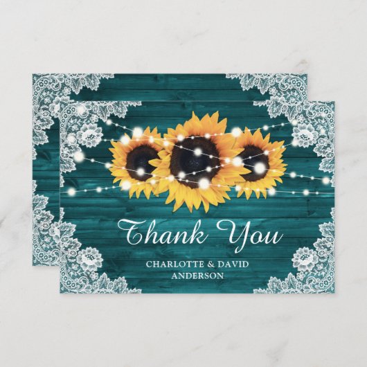 ティール（緑がかった色）素朴ウッドサンフラワー結婚ズ サンキューカード (正面/裏面)