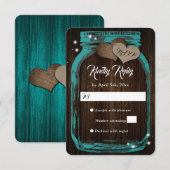 ティール（緑がかった色）素朴ウッドハートメイスンジャウェディングRSVP 出欠カード (正面/裏面)