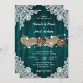 ティール(緑がかった色)素朴ウッドバーラップレース結婚式招待状 招待状 (正面/裏面)