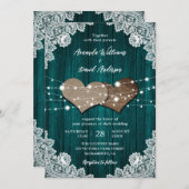 ティール(緑がかった色)素朴ウッドバーラップレース結婚式招待状 招待状 (正面/裏面)