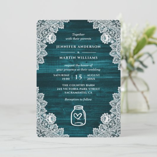 ティール(緑がかった色)素朴ウッドメイソンジャールフローラレース結婚ズ 招待状 (スタンド正面)