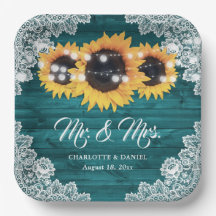 ティール（緑がかった色）素朴ウッドレースサンフラワー結婚ズ