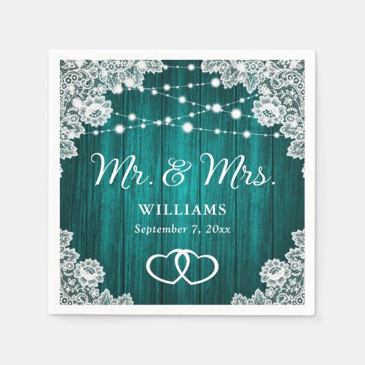 ティール(緑がかった色)素朴ウッドレースストリングラ結婚イト スタンダードカクテルナプキン (正面)