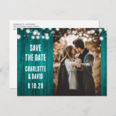 ティール（緑がかった色）素朴ウッド結婚の写真日付を保存 案内ポストカード (正面/裏面)