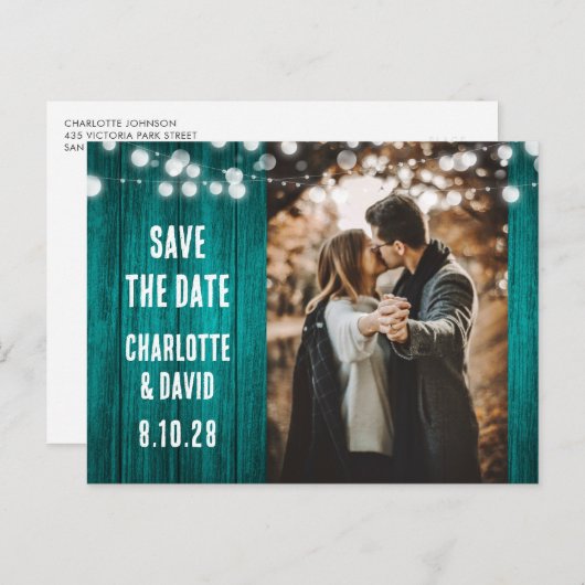 ティール（緑がかった色）素朴ウッド結婚の写真日付を保存 案内ポストカード (正面/裏面)