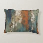 ティール(緑がかった色)素朴オレンジベージュファームハウスストライプ アクセントクッション (裏面)