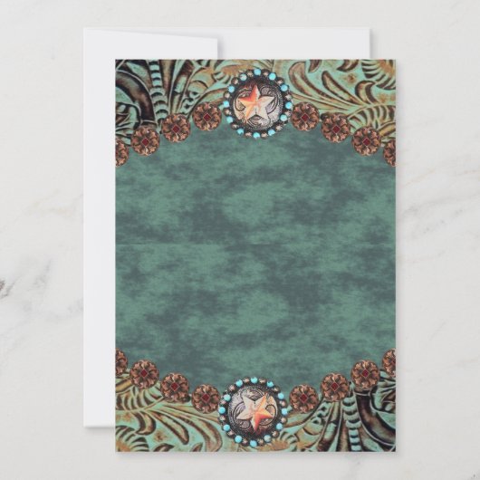 ティール（緑がかった色）素朴カウボーイカントリーウェスタンホース結婚ズ 招待状 (裏面)
