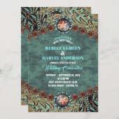 ティール(緑がかった色)素朴カウボーイカントリーウェスタンホース結婚ズ 招待状 (正面/裏面)