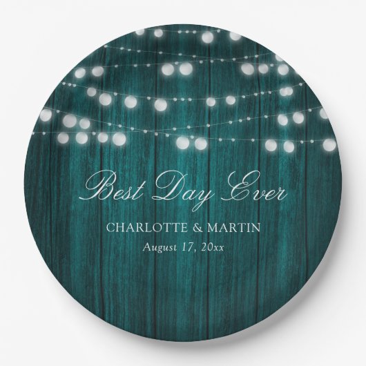 ティール(緑がかった色)素朴カントリーウッドストリングラ結婚イト ペーパープレート (正面)