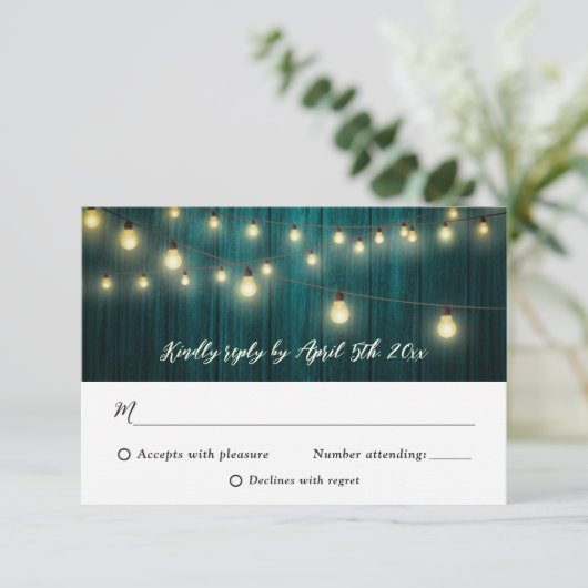 ティール(緑がかった色)素朴カントリーウッドストリングラ結婚イト 出欠カード (スタンド正面)