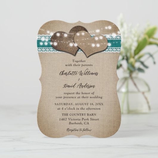 ティール(緑がかった色)素朴カントリーバーラップ結婚レース 招待状 (スタンド正面)