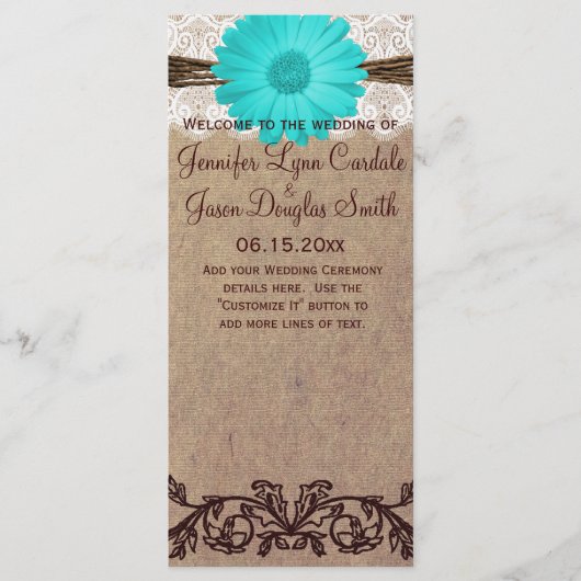 ティール（緑がかった色）素朴ガーベラデイジー国結婚式プログラム プログラム (正面)