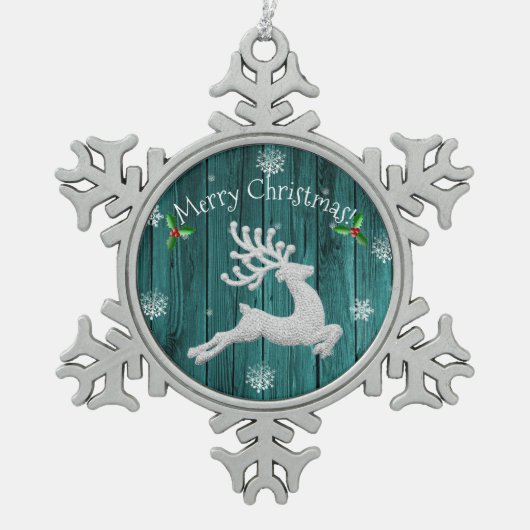 ティール(緑がかった色)素朴クリスマストインデアオーナメント スノーフレークピューターオーナメント (正面)
