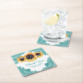 ティール（緑がかった色）素朴シックレースサンフラワー結婚ズ スクエアペーパーコースター (インサイチュ)