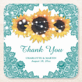 ティール（緑がかった色）素朴シックレースサンフラワー結婚ズ スクエアペーパーコースター