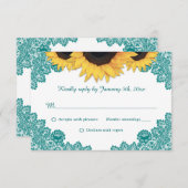 ティール(緑がかった色)素朴シックレースサンフラワー結婚ズ 出欠カード (正面/裏面)