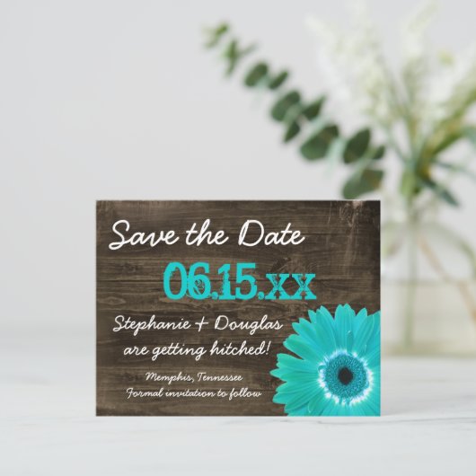 ティール(緑がかった色)素朴デイジーウッド日付はがきを保存 案内ポストカード (スタンド正面)