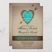 ティール(緑がかった色)素朴ハート矢印カントリーウェディング招待状 招待状 (正面/裏面)