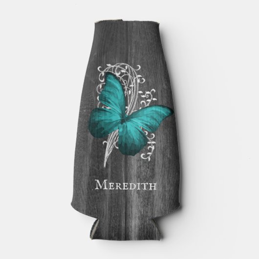 ティール(緑がかった色)素朴バタフパーソナライズされたボトルクール ボトルクーラー (正面)