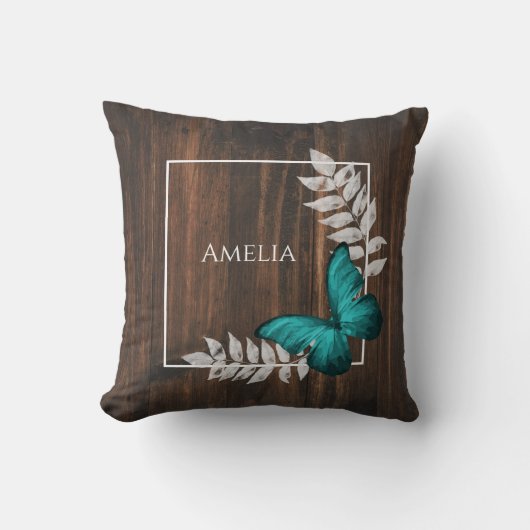 ティール(緑がかった色)素朴バタフライ装飾用クッション クッション (正面)